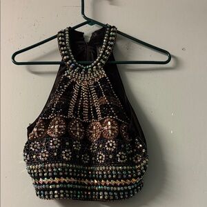 Crystal Doll Black Embellished Halter Crop Top